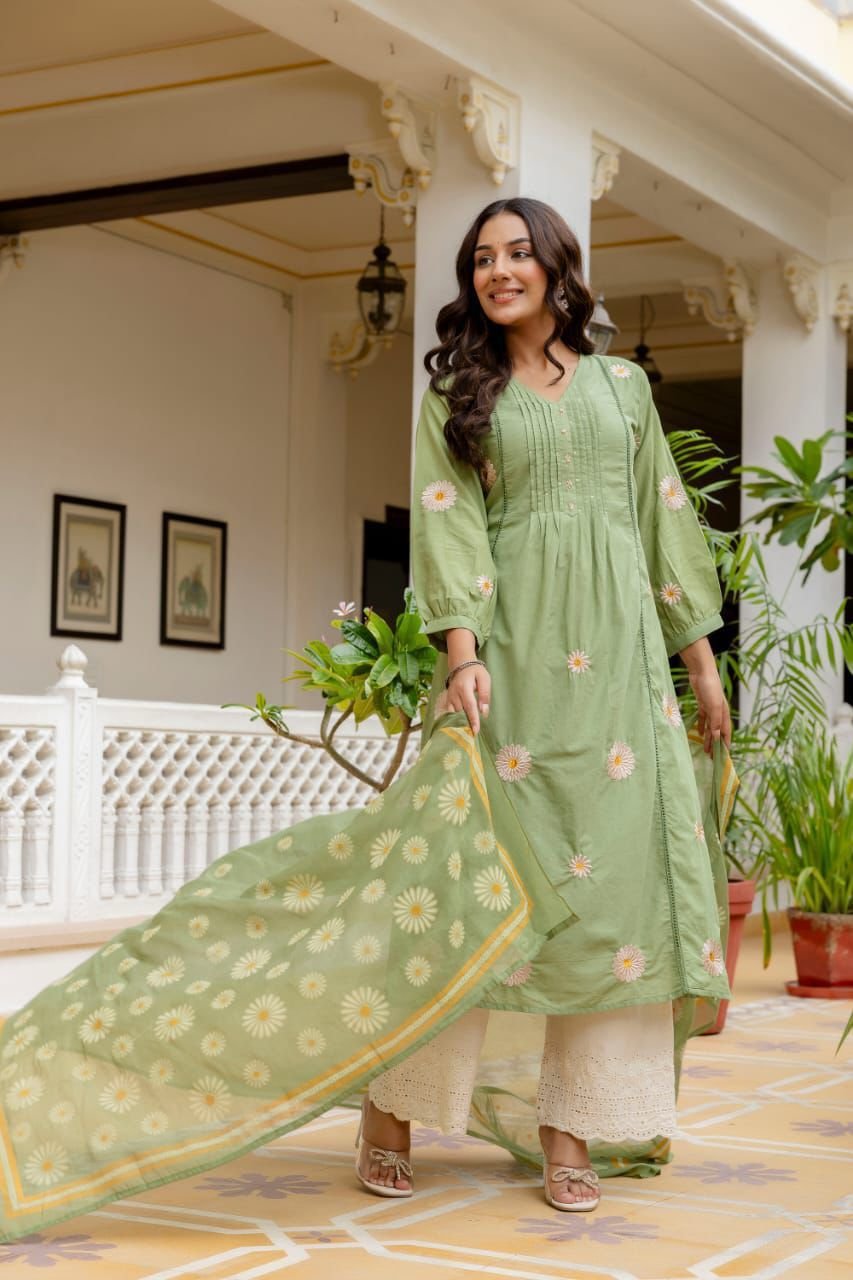 Green Cotton Embroidered Kurti Set with Dupatta